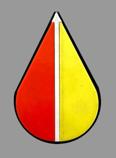 Teardrop-shaped sign with red and yellow colors on a white background