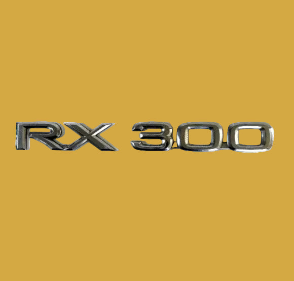 Chrome 'RX 300' emblem on a white background